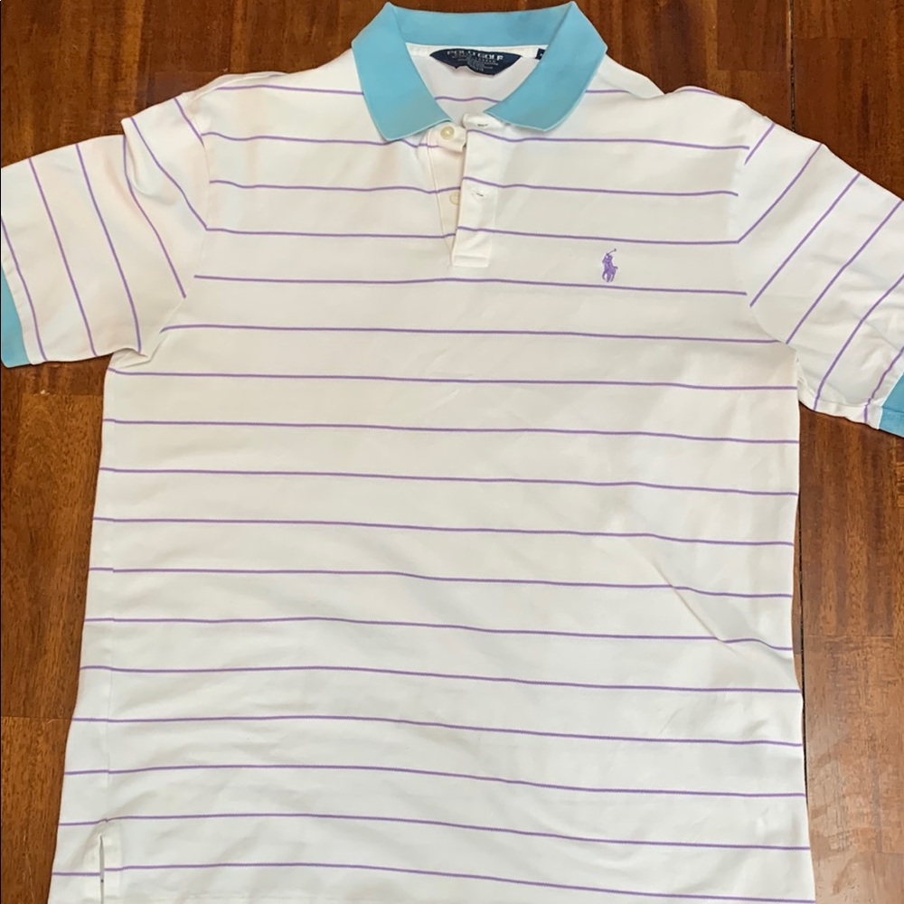 Ralph Lauren Men's White and Blue Striped Polo Shirt